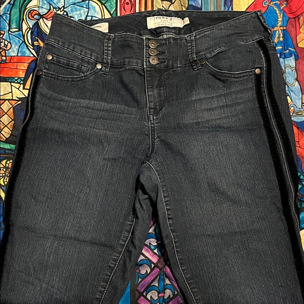 torrid Blue Skinny Jeans with Velvet Stripes and Triple-Button Waist